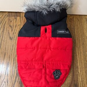 Canada Pooch Red Dog Jacket with Faux Fur Trim